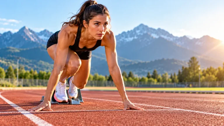 Sport en A représenté par une athlète au départ d'une course