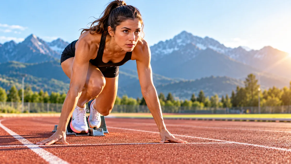 Sport en A représenté par une athlète au départ d'une course