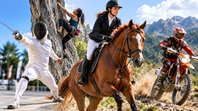 Sport en E illustré par l'escrime, l'escalade, l'équitation et l'enduro