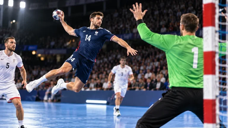 Sport en H représenté par un joueur de handball en plein tirSport en H représenté par un joueur de handball en plein tir