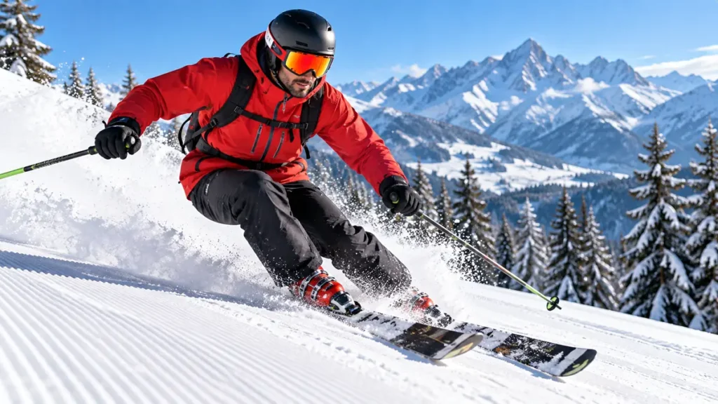 Sport en S représenté par un skieur en pleine descente