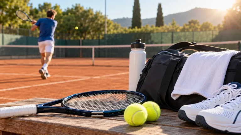 Équipement de tennis avec raquette, balles et chaussures au bord d'un court