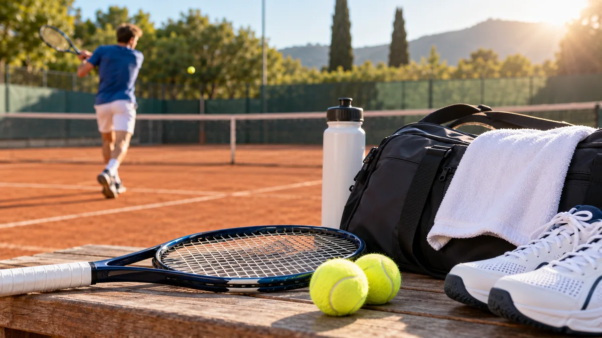 Équipement de tennis avec raquette, balles et chaussures au bord d'un court