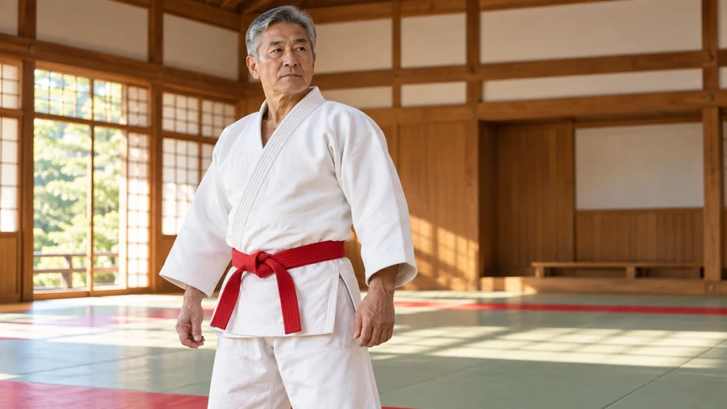 Judoka adulte portant une ceinture rouge unie dans un dojo
