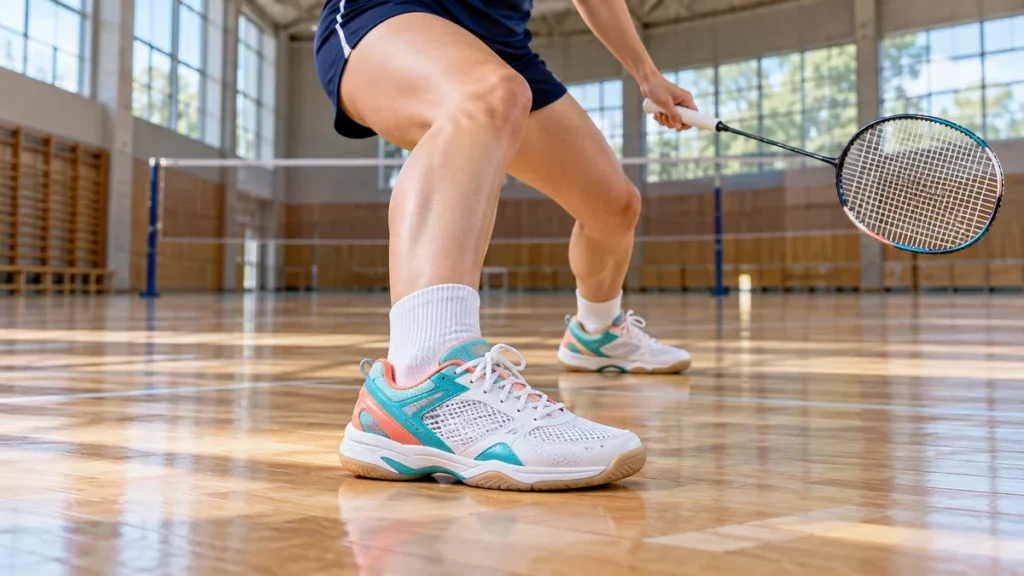 Chaussure de sport en salle blanche, turquoise et corail portée lors d’un appui de badminton sur le parquet d’un gymnase.