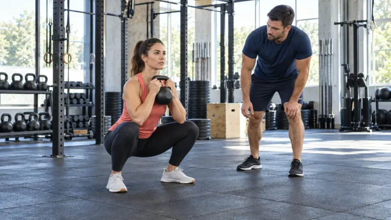 Séance encadrée illustrant le thème « crossfit c'est quoi », avec une femme réalisant un squat avec kettlebell.