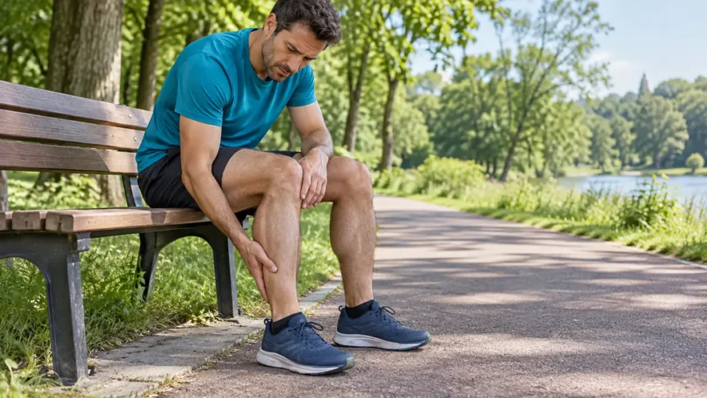 Coureur arrêté sur un banc dans un parc, posant une main sur son mollet douloureux après la course.
