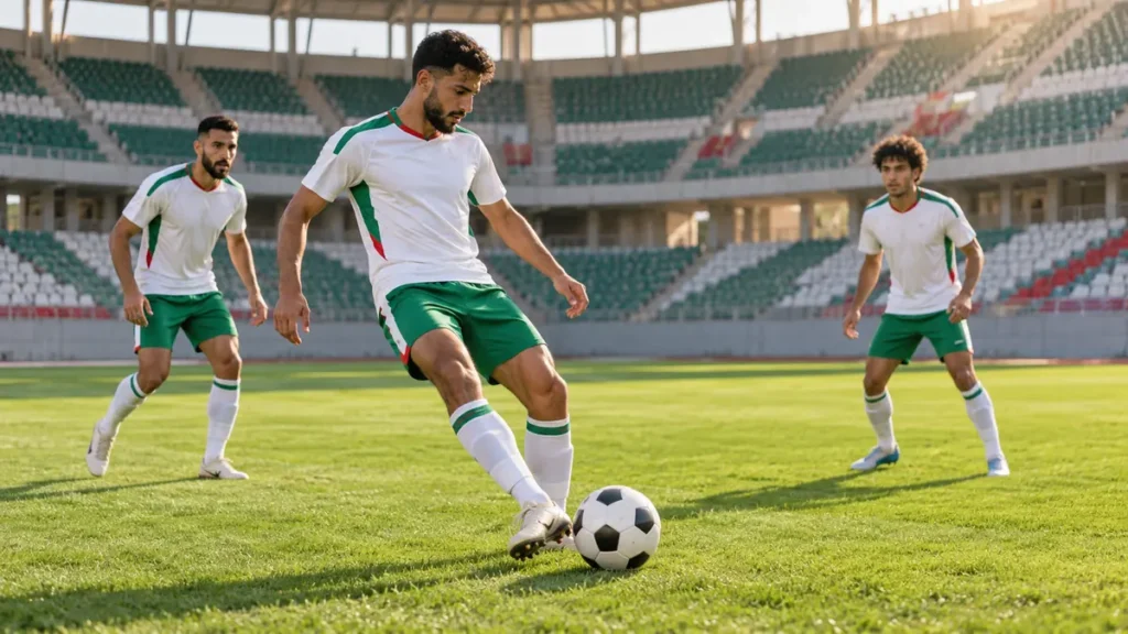 Illustration de joueurs algériens : trois footballeurs en tenues blanches et vertes s’entraînent avec un ballon dans un stade.