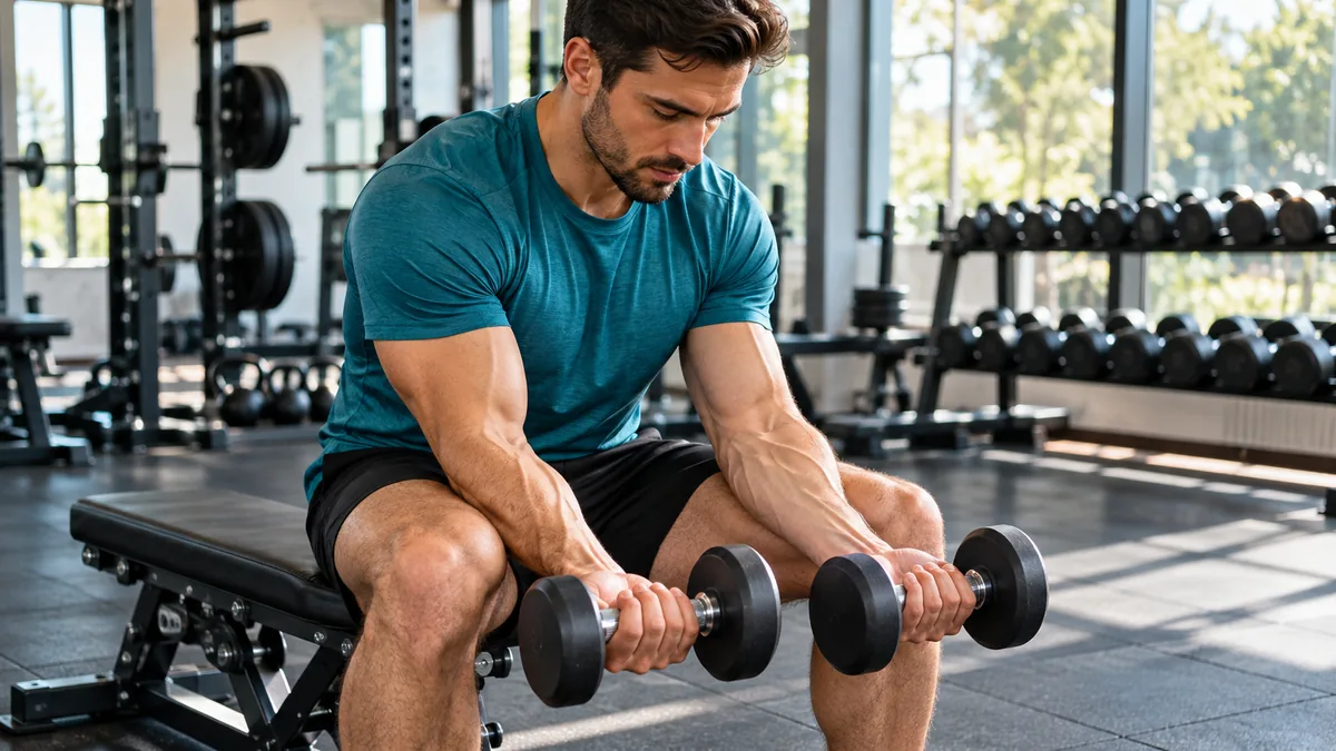Musculation avant bras : homme réalisant des flexions des poignets avec des haltères en salle.