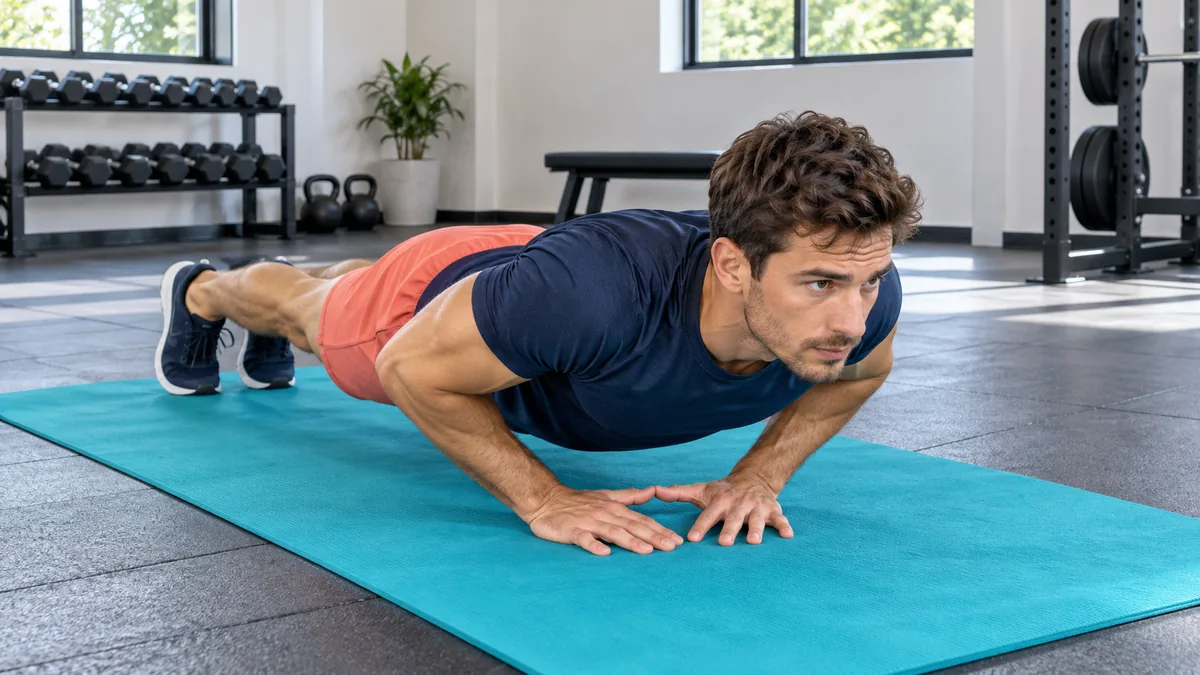 Pompe diamant : homme réalisant une pompe avec les mains rapprochées en losange sur un tapis turquoise.