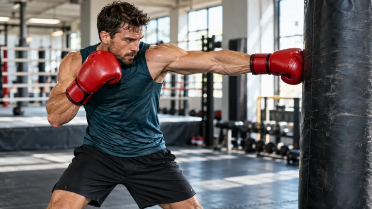 Boxeur à l’entraînement sur un sac de frappe pour illustrer quel est le sport le plus physique.