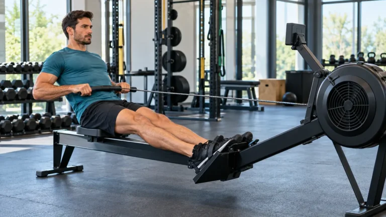 Homme sur un rameur en salle de sport illustrant quel muscle fait travailler le rameur.