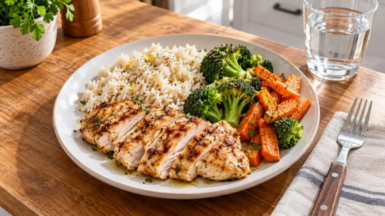 Repas musculation débutant composé de poulet grillé, de riz, de brocolis et de carottes.