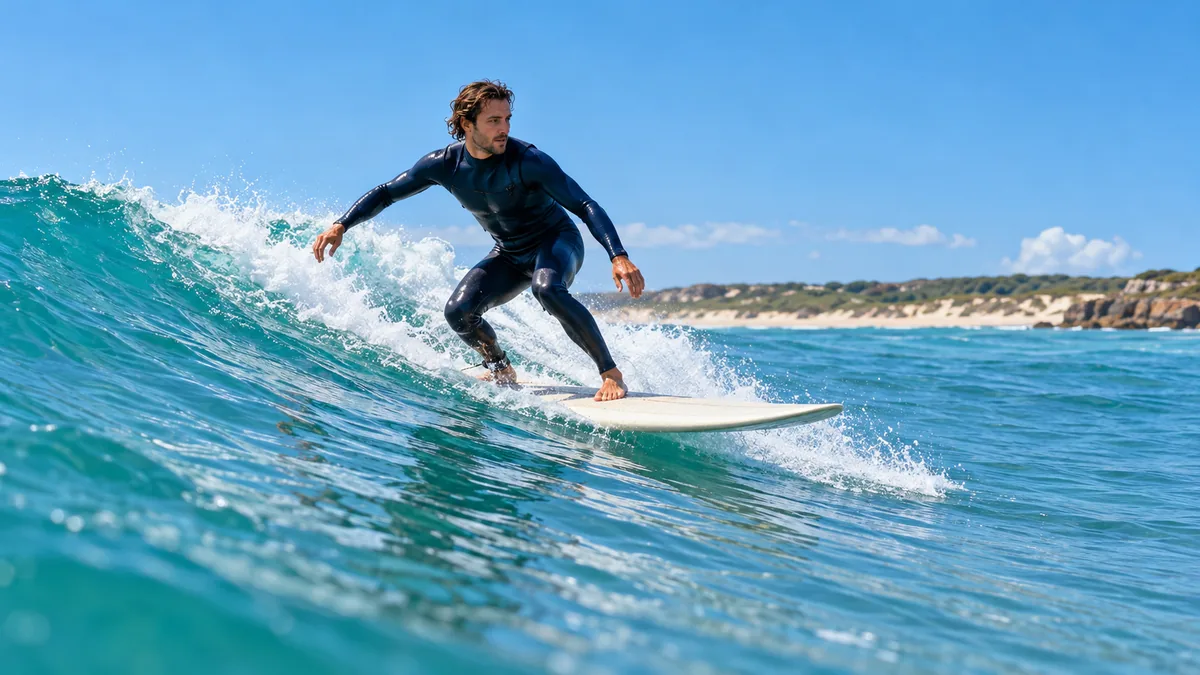 Sport de glisse : un surfeur en combinaison évolue sur une vague turquoise, près d’une côte sablonneuse.