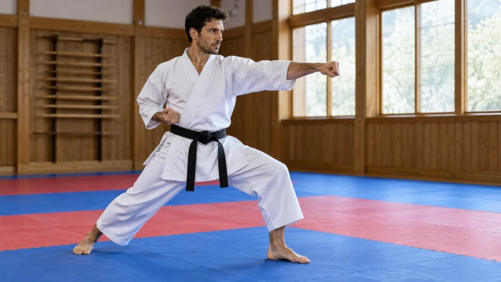 Sport en K : un pratiquant de karaté en kimono blanc et ceinture noire réalise un coup de poing dans un dojo.