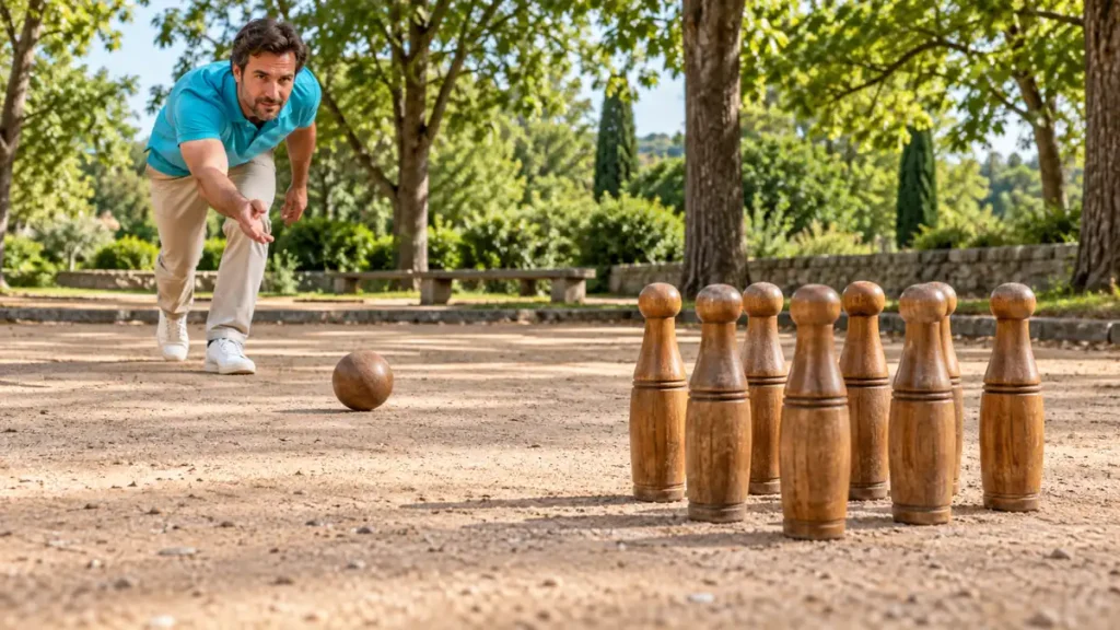 Sport en Q : homme lançant une boule vers des quilles en bois sur un terrain extérieur.
