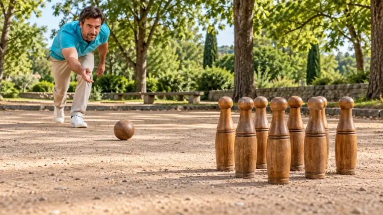 Sport en Q : homme lançant une boule vers des quilles en bois sur un terrain extérieur.