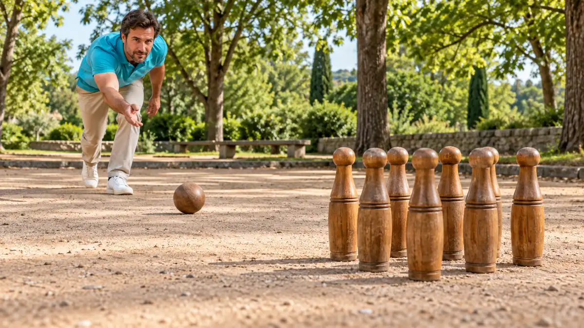 Sport en Q : homme lançant une boule vers des quilles en bois sur un terrain extérieur.