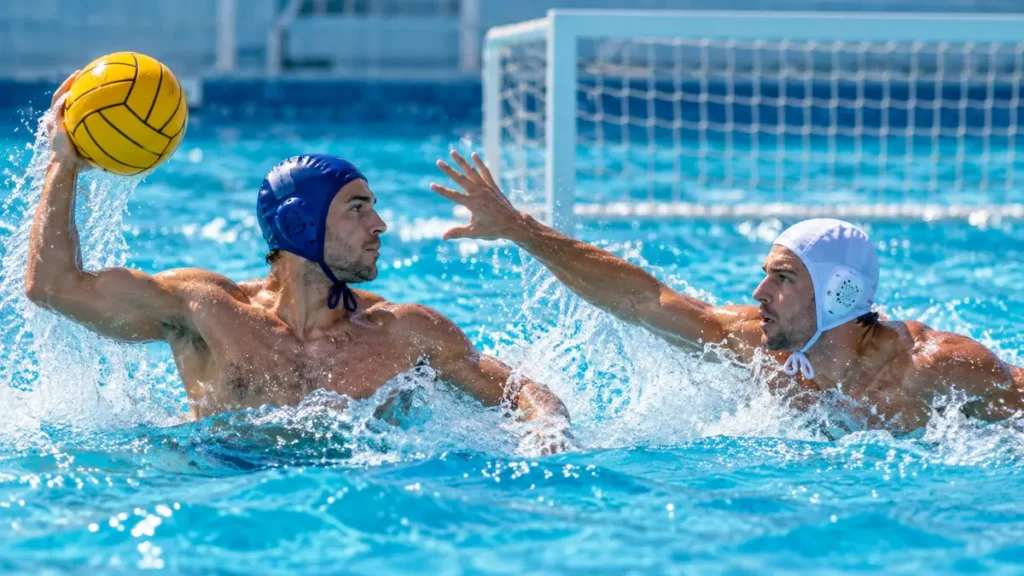 Deux joueurs de water-polo disputant le ballon devant un but