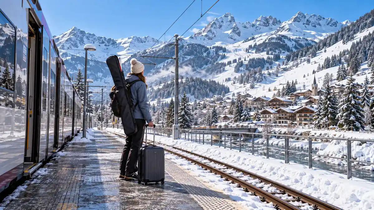 Voyageuse avec ses skis à l’arrivée en train dans une station de ski alpine