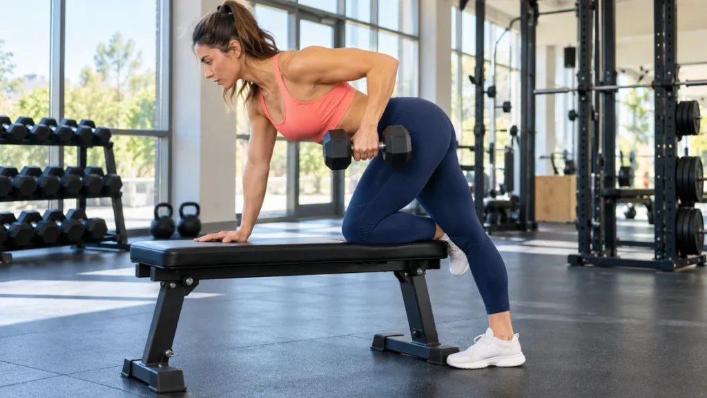 Femme réalisant un rowing avec haltère pendant une séance dos musculation.