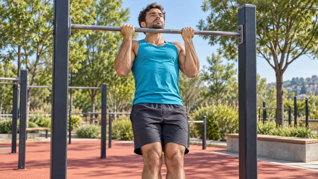 Traction supination : homme réalisant une traction à la barre, paumes vers lui, dans un parc de street workout.